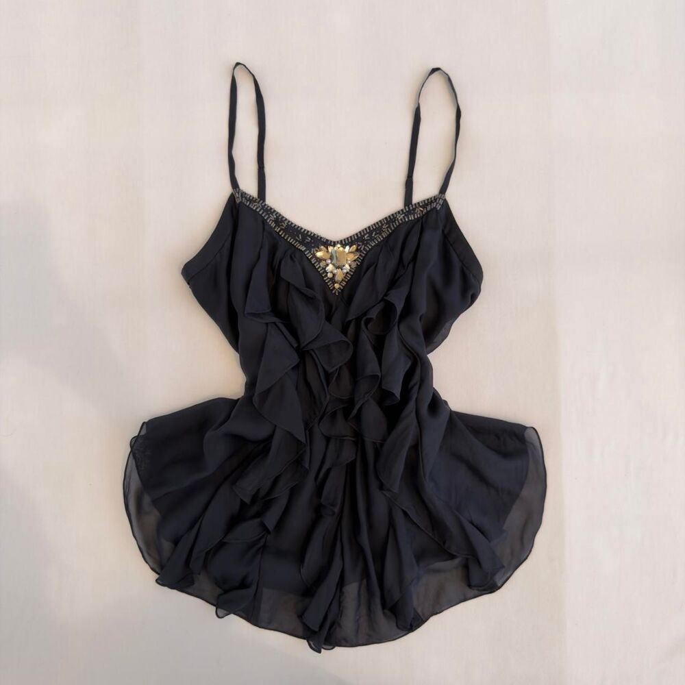 Rebecca Taylor 100% Silk Navy Blue Ruffle Camisole Top – Size 6